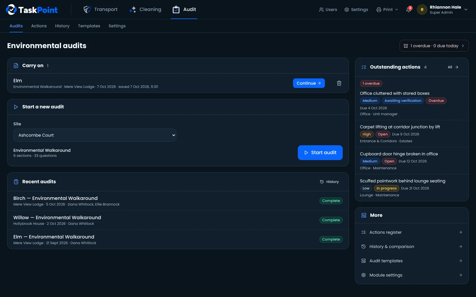 TaskPoint Audit audits screen with new audit, drafts, recent audits and outstanding actions