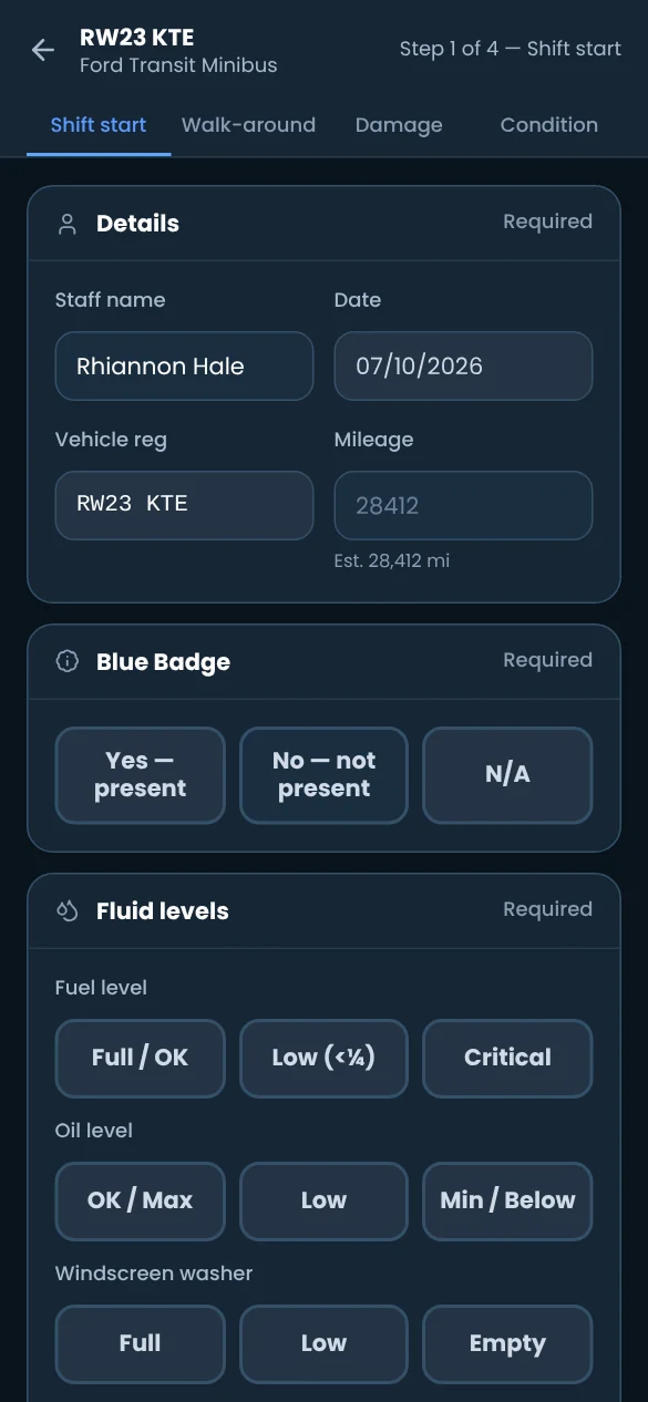 Step 1 of the four-step pre-check: details, Blue Badge and fluid levels