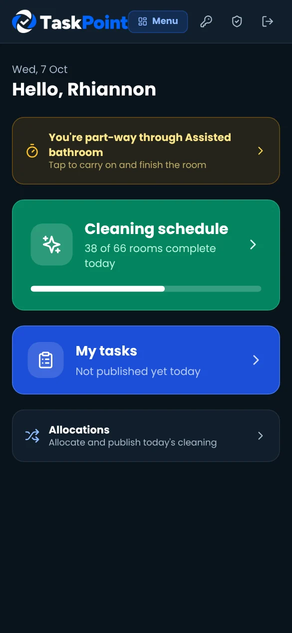 Housekeeping home with today's progress, My tasks and Allocations