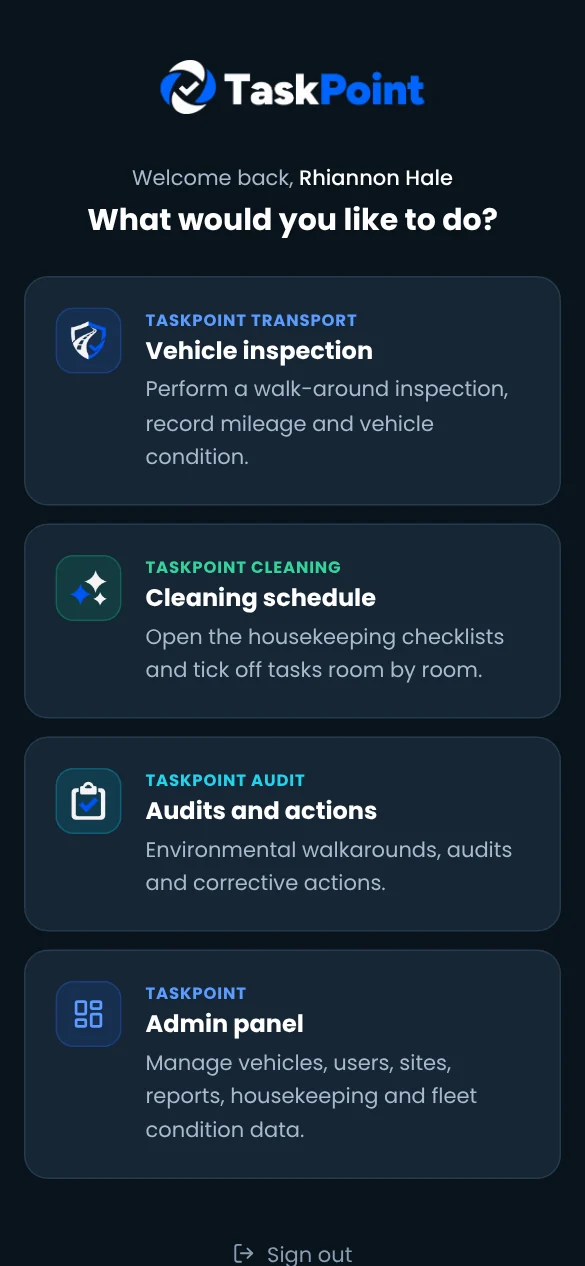 TaskPoint home screen on a phone, offering Vehicle inspection, Cleaning schedule, Audits and actions and the Admin panel