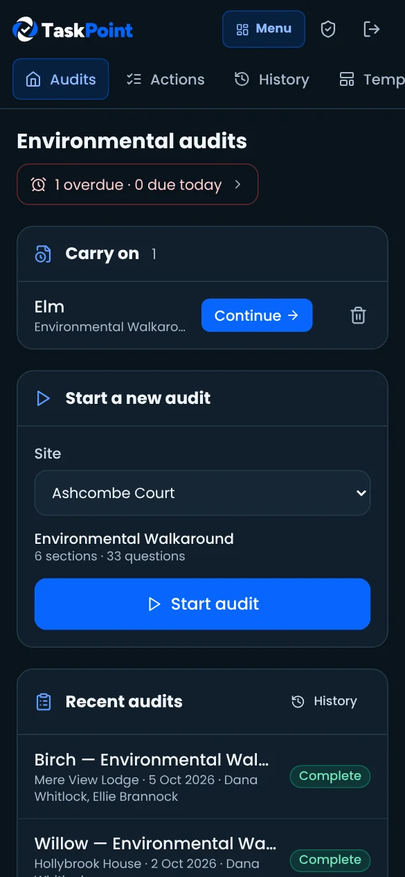 TaskPoint Audit home on a phone: start a new audit, drafts and overdue actions
