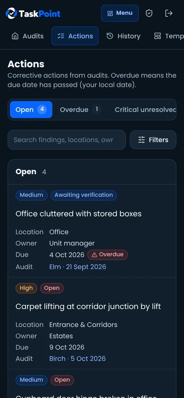 TaskPoint Audit actions list with priority, status, owner and due date