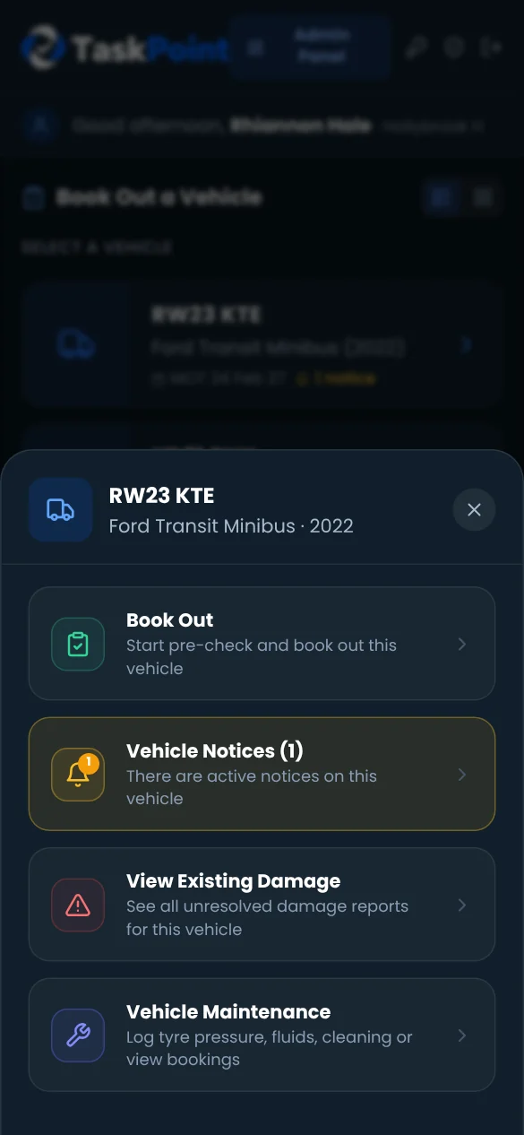 Phone screen with options for a vehicle: book out, notices, existing damage and maintenance